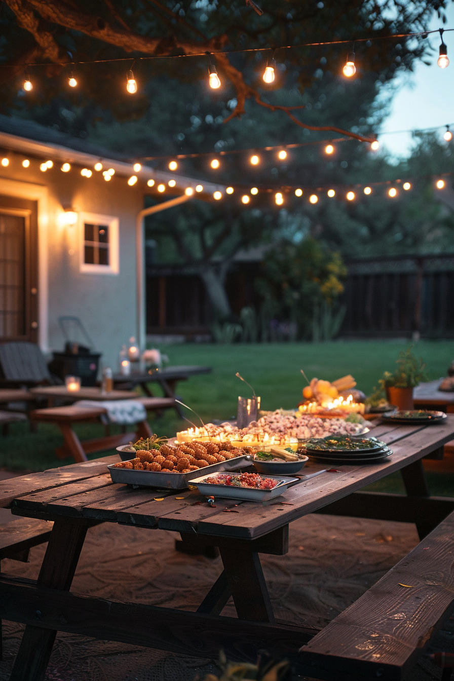 Outdoor evening dinner setting with a table full of food, string lights overhead, and a cozy backyard ambiance.