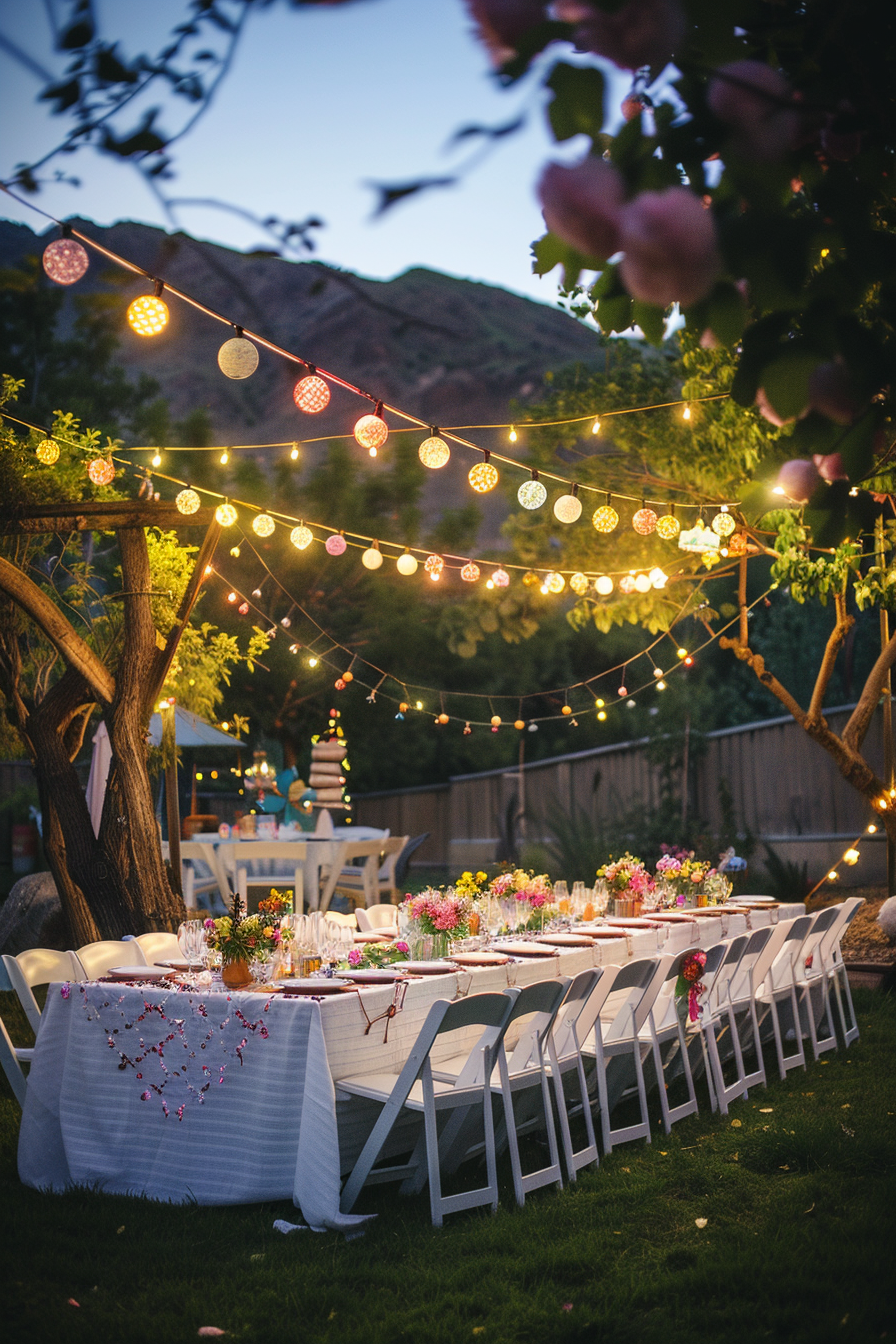 Alt text: An outdoor evening dinner setup with white tables, chairs, and colorful flower centerpieces under a canopy of string lights.