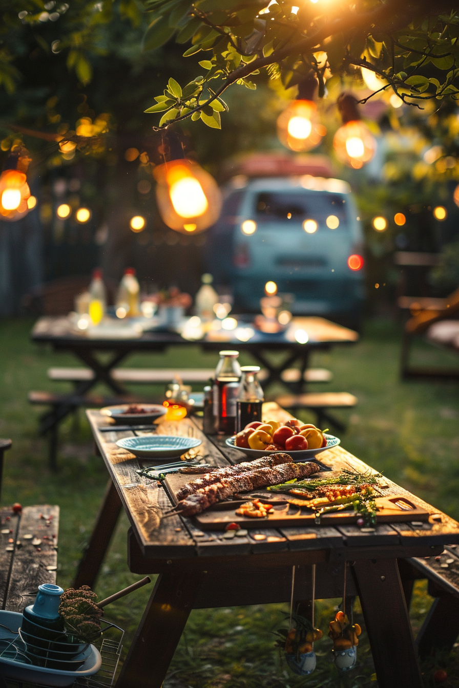 Cozy backyard evening scene with a rustic dining table set with food, lit by warm string lights, and a vintage blue van in the background.