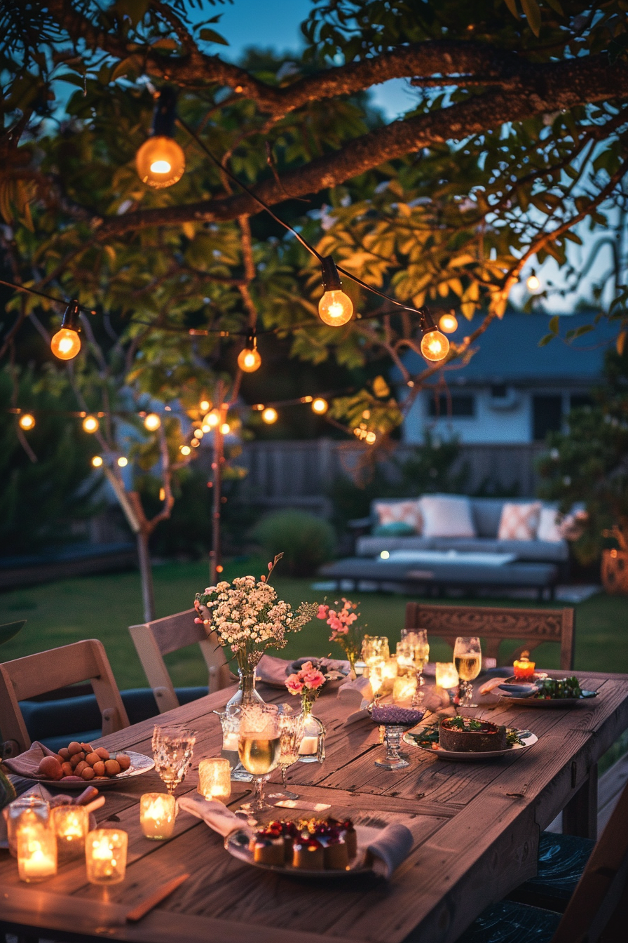 A cozy outdoor dining area at twilight with a wooden table set, string lights hanging from trees, and candles providing a warm glow.