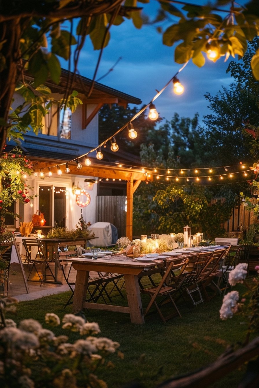 Outdoor evening setting with a dining table adorned with candles, surrounded by string lights and hydrangea flowers.