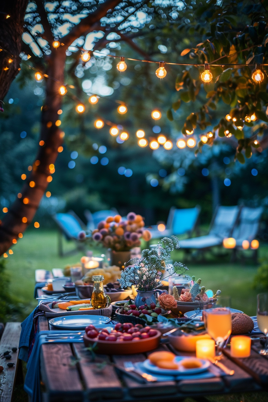 Outdoor evening dinner setting with a table full of food, string lights in a garden, and lounging chairs in the background.