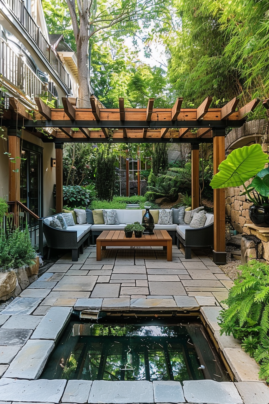 A serene backyard patio with a wooden pergola, L-shaped couch, modern coffee table, and a reflecting pond surrounded by lush greenery.