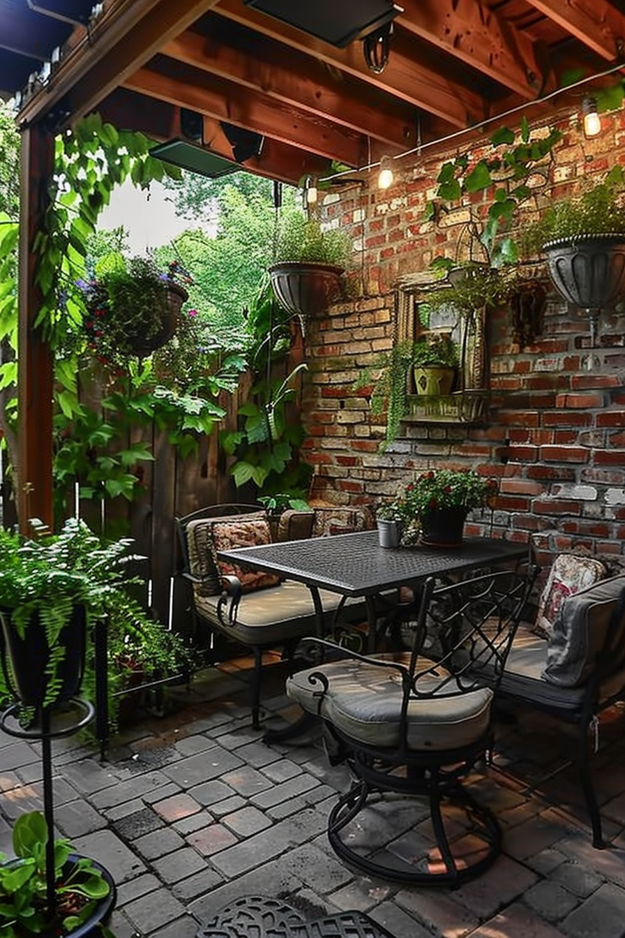 Cozy brick patio with wrought iron furniture, string lights, and green plants.