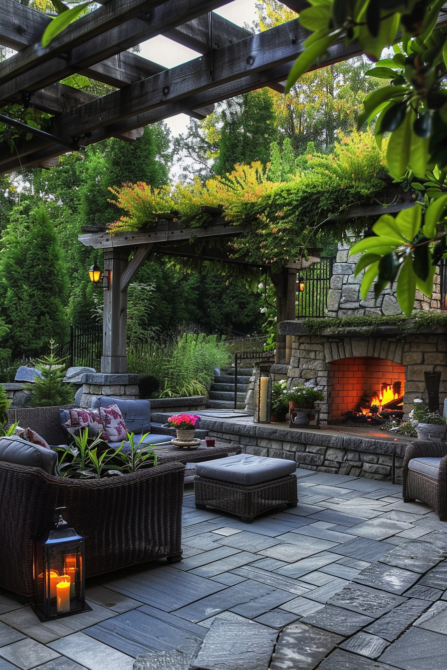 Cozy outdoor patio with fireplace, wicker furniture, lanterns, and lush greenery under a wooden pergola at twilight.