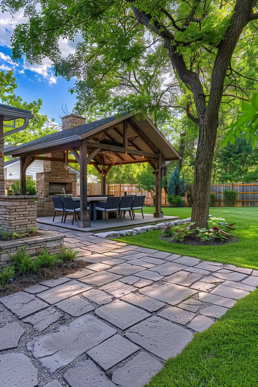 A picturesque backyard featuring a paved pathway leading to a cozy gazebo with an outdoor dining set, surrounded by green lawn and trees.