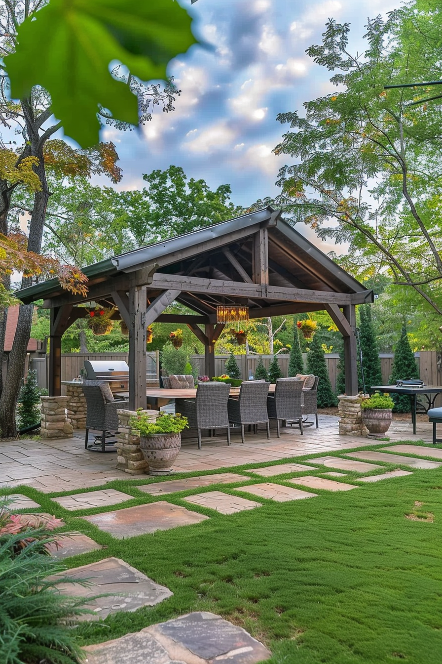 ALT text: An outdoor wooden gazebo with dining set, surrounded by a lush garden and stone path, under a sky with scattered clouds.