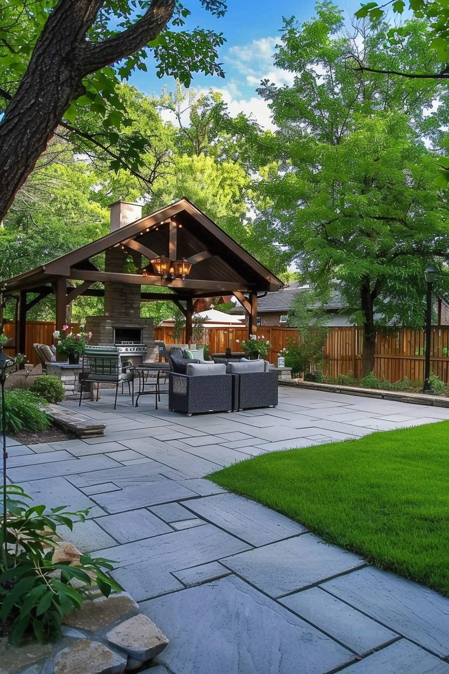 A lush garden patio with paving stones, outdoor furniture under a gazebo, and a barbecue station, surrounded by greenery and trees.