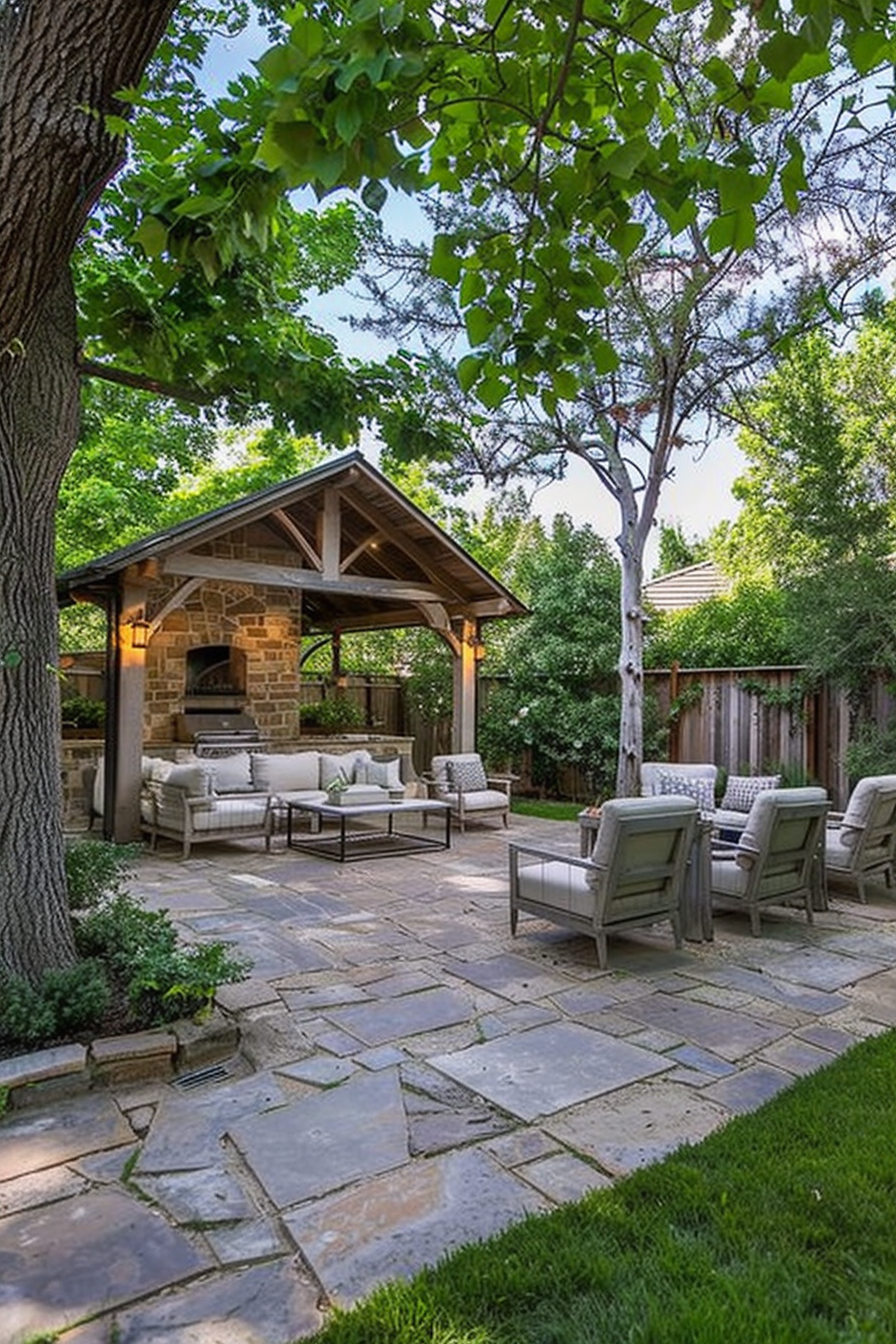 Elegant outdoor living space with a stone fireplace, comfortable seating, under a wooden pergola, surrounded by lush greenery.