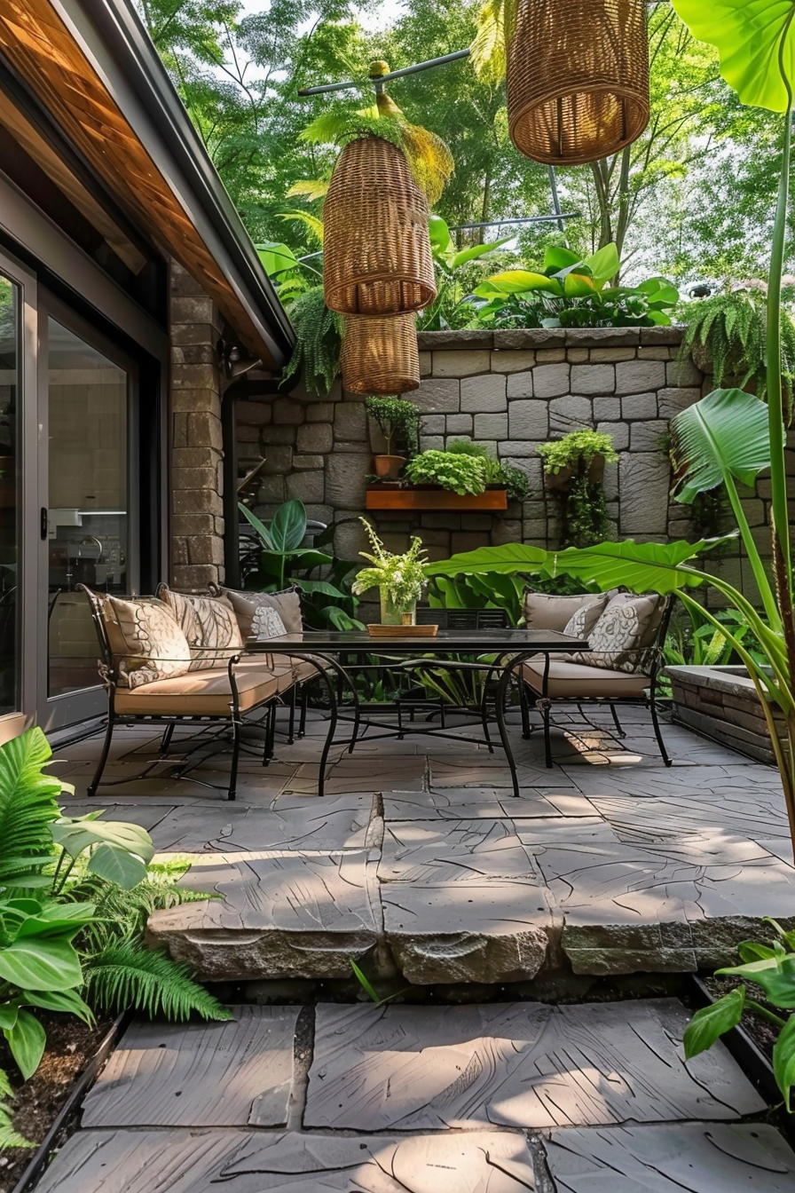 Cozy outdoor patio with wicker lamps, stone wall, lush plants, and a seating area with metal furniture on flagstone flooring.