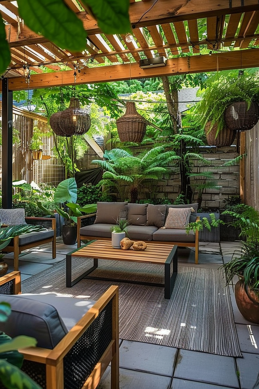 Cozy outdoor patio with a sofa set, wooden table, hanging planters, and lush greenery under a pergola.
