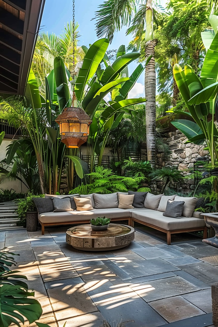 Outdoor patio with a sectional sofa, round coffee table, hanging lantern, and lush tropical plants under a sunny sky.