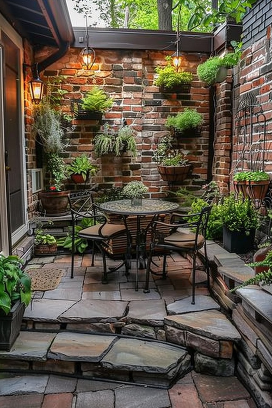 Cozy brick patio garden with hanging plants, outdoor furniture, and stone pathways, illuminated by warm lighting.