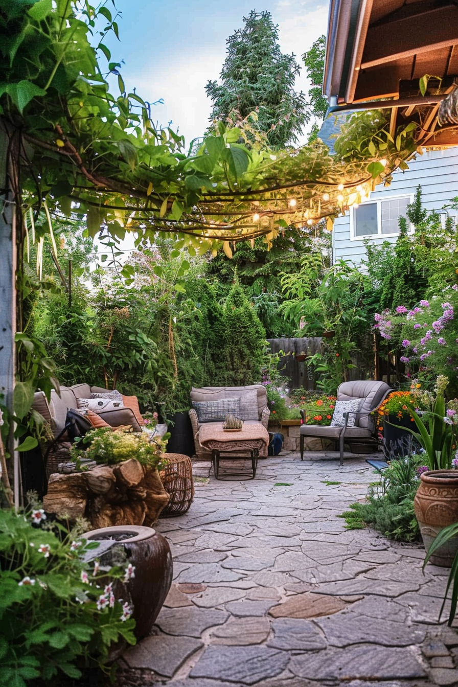 Cozy garden patio with string lights, surrounded by lush plants and flowers, featuring comfortable outdoor seating.
