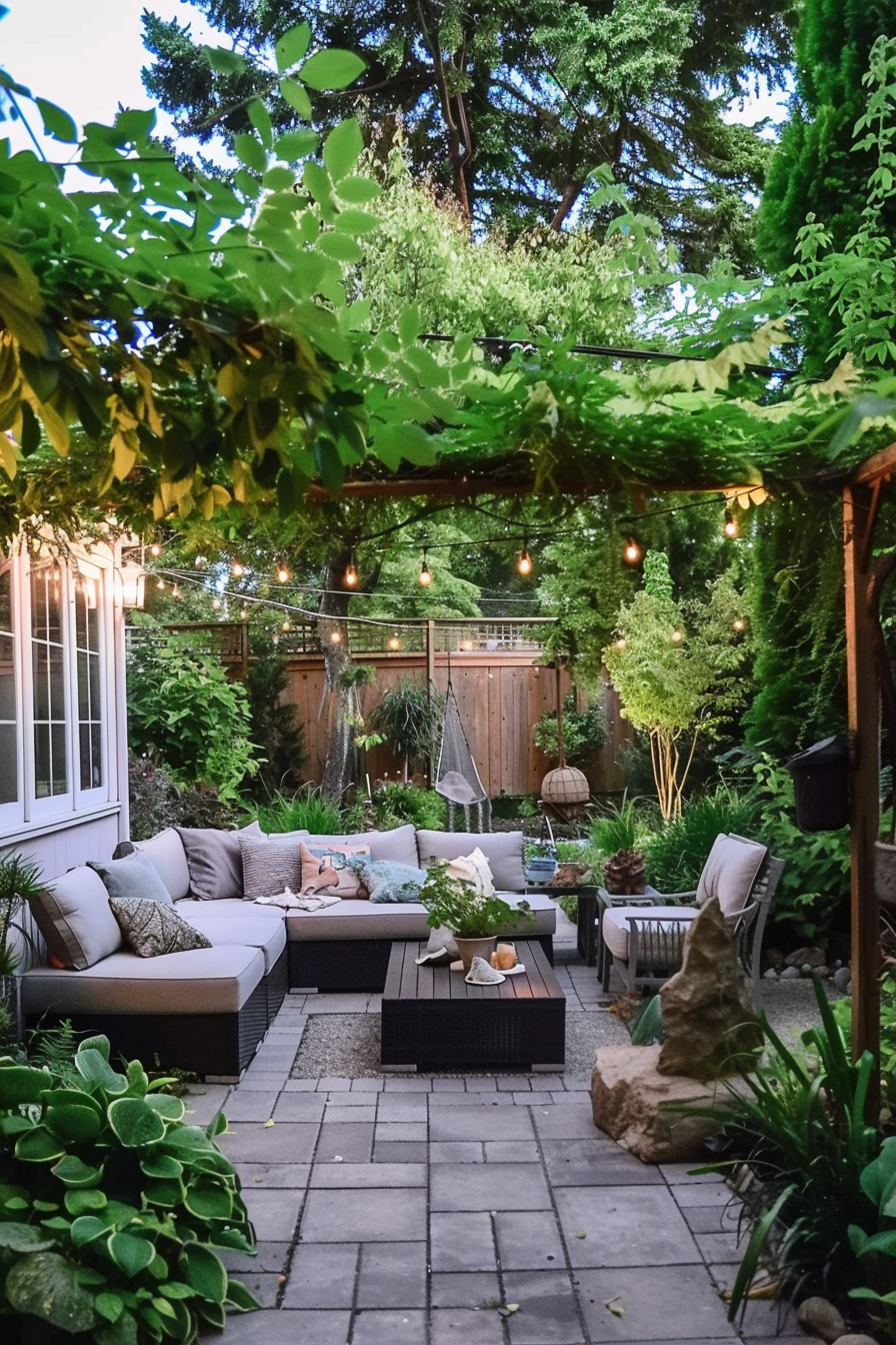 Cozy garden patio with L-shaped sofa, string lights overhead, plants, and a hammock in the background.