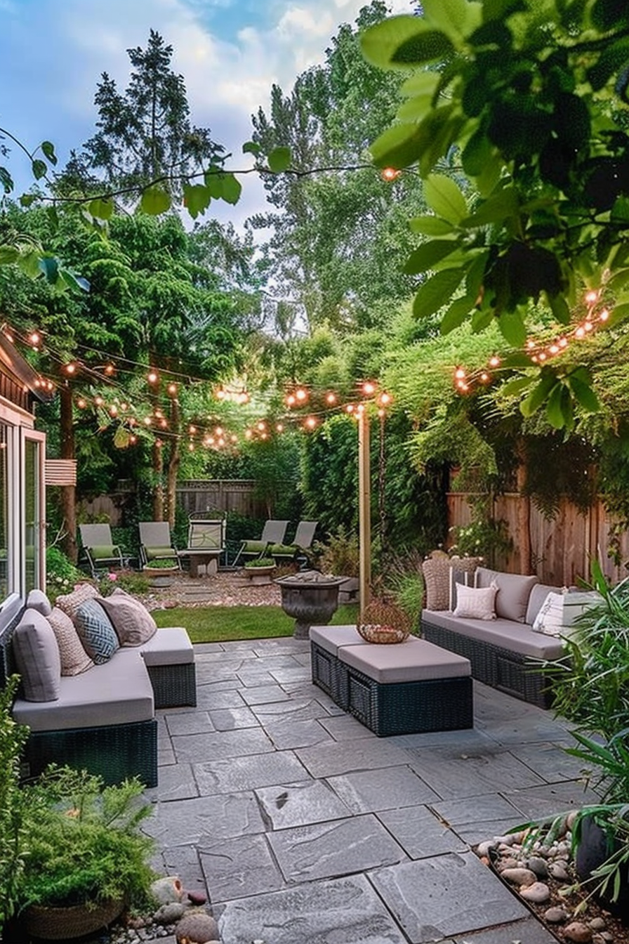 A cozy backyard patio with string lights, outdoor furniture, a fire pit, and lush greenery surrounding the area.