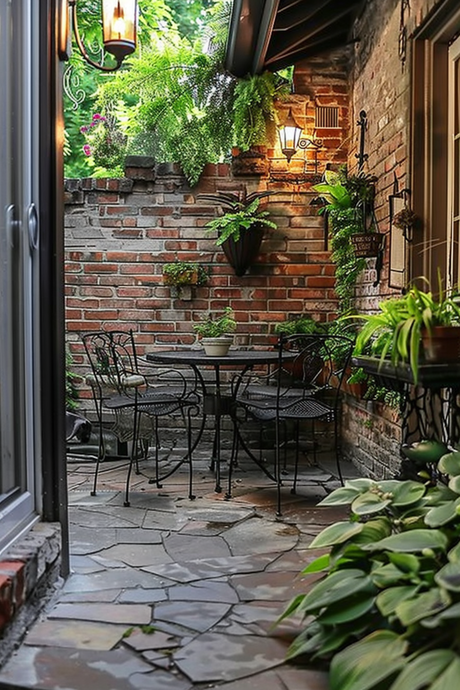 Cozy brick-walled patio area with iron furniture, potted plants, and hanging greenery illuminated by a wall-mounted lantern.