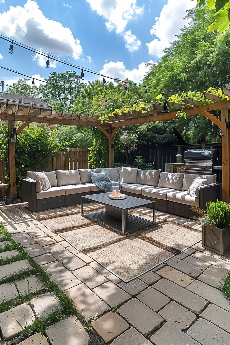 Cozy backyard patio with sectional sofa and coffee table under a wooden pergola, string lights above, and lush greenery in the background.