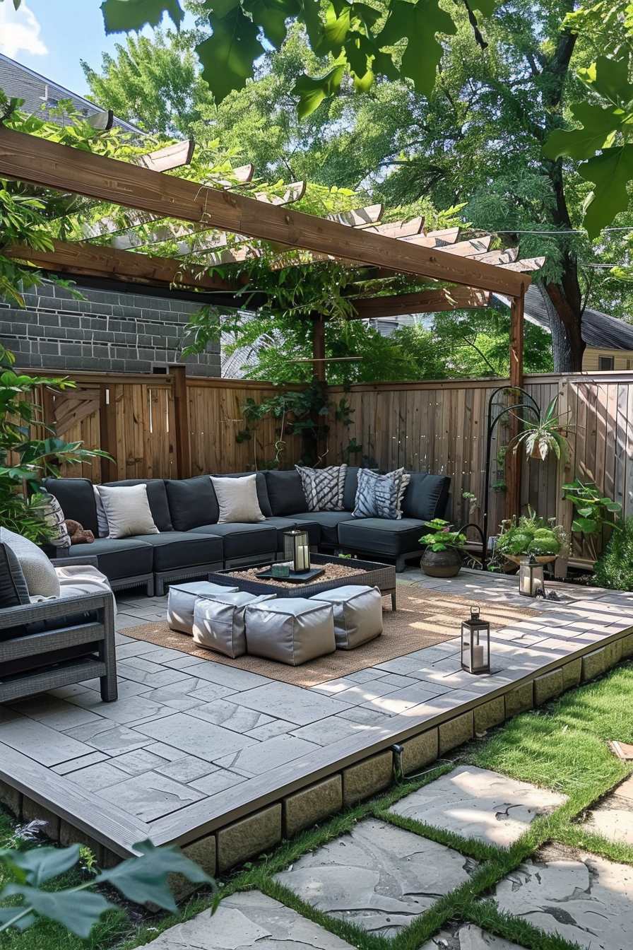 Cozy outdoor patio area with modern furniture, a pergola, and surrounded by greenery and a wooden fence.
