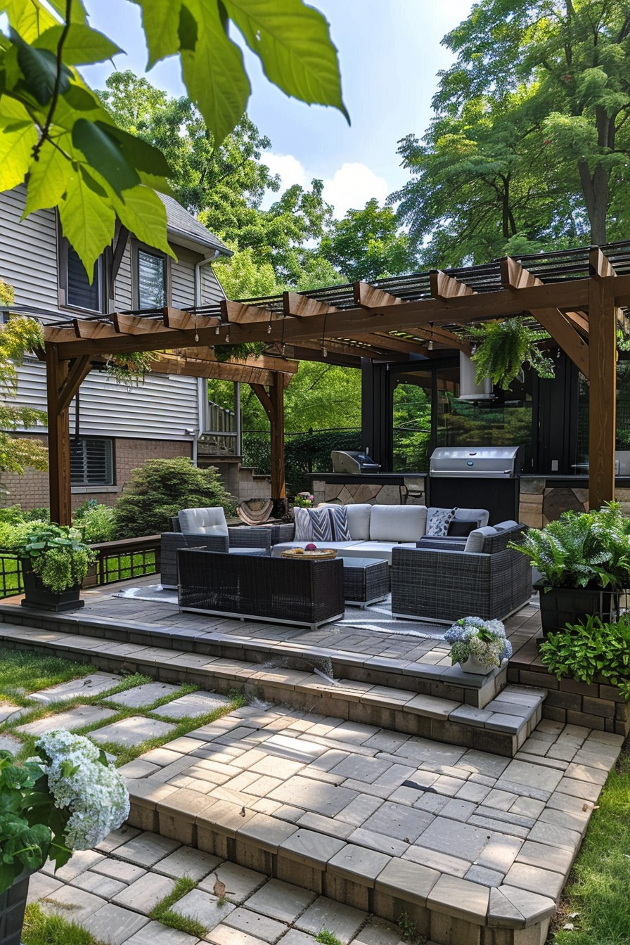 ALT: A cozy backyard patio with a pergola, comfortable seating, potted plants, and a barbecue under a canopy of green trees.