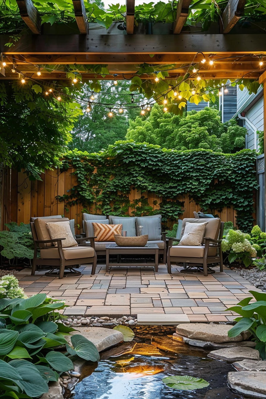 A cozy backyard patio with string lights, comfortable seating, lush greenery, and a small pond.