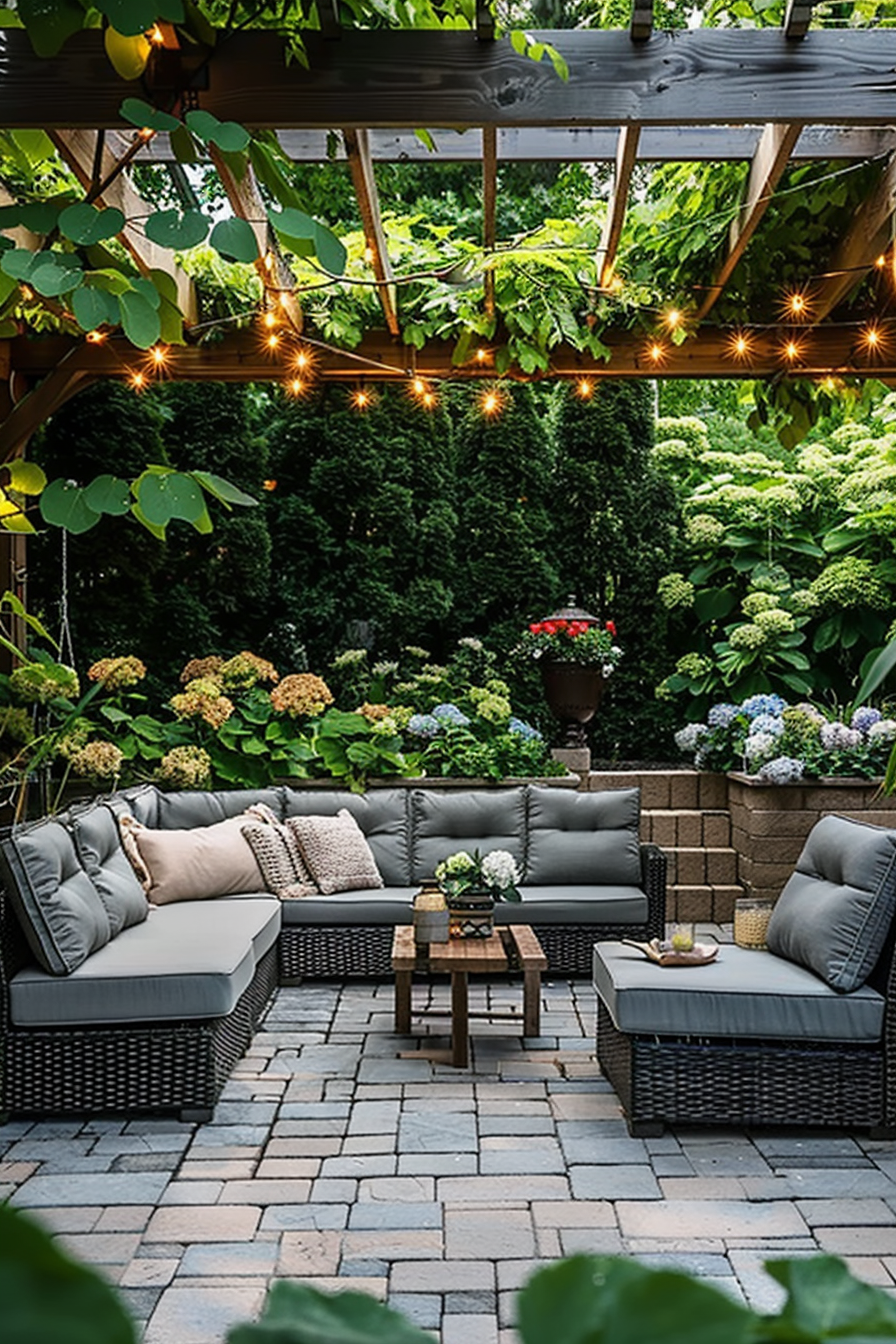 Cozy garden patio with wicker furniture, string lights, lush greenery, and blooming hydrangeas under a pergola.