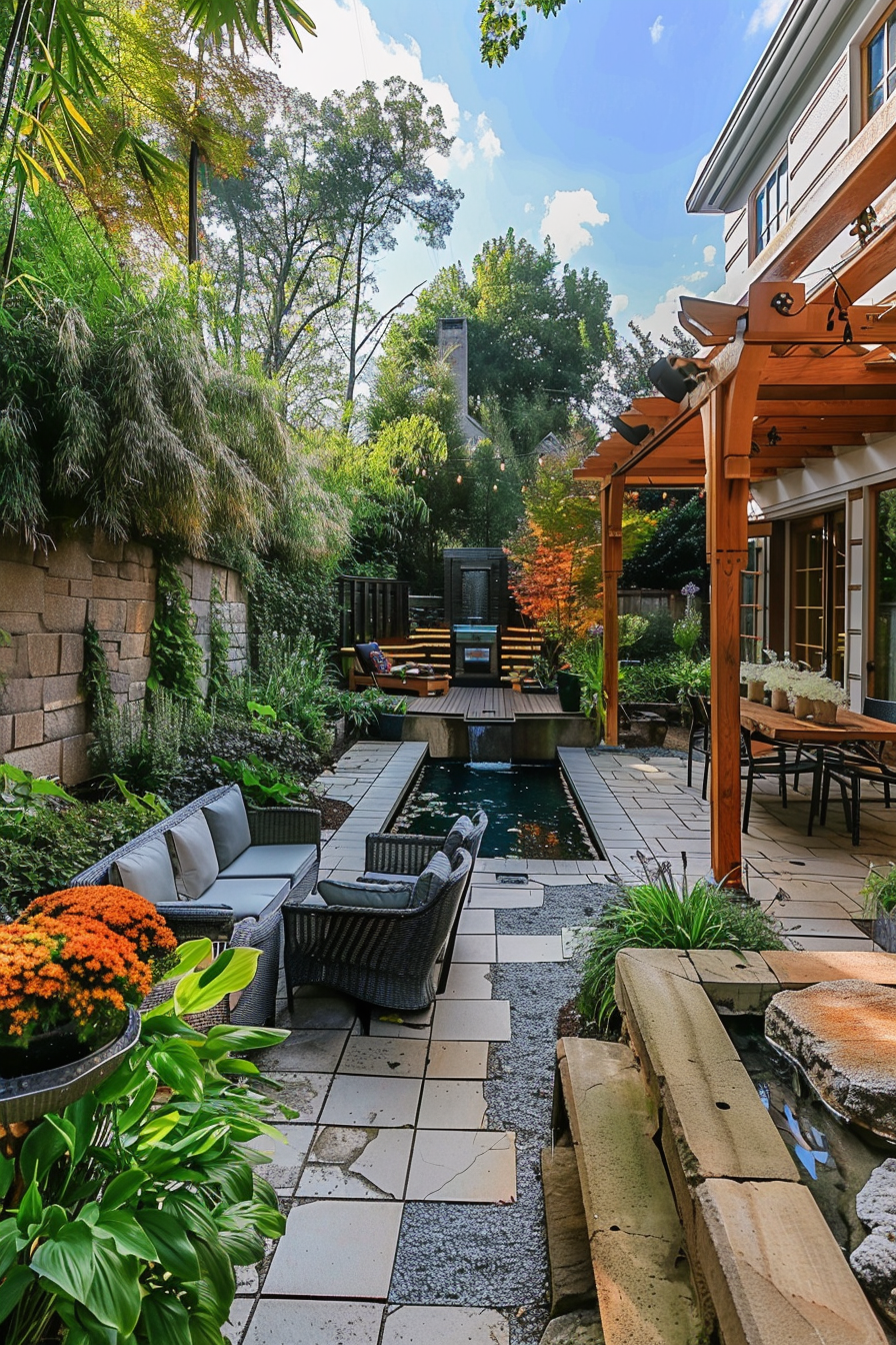 "Cozy backyard with a small pool, surrounded by lush plants and seating areas, with a pergola and a house in the background."