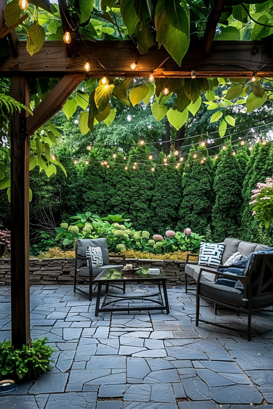 Cozy outdoor patio with string lights hanging above, comfortable furniture, surrounded by lush greenery and stone walls.