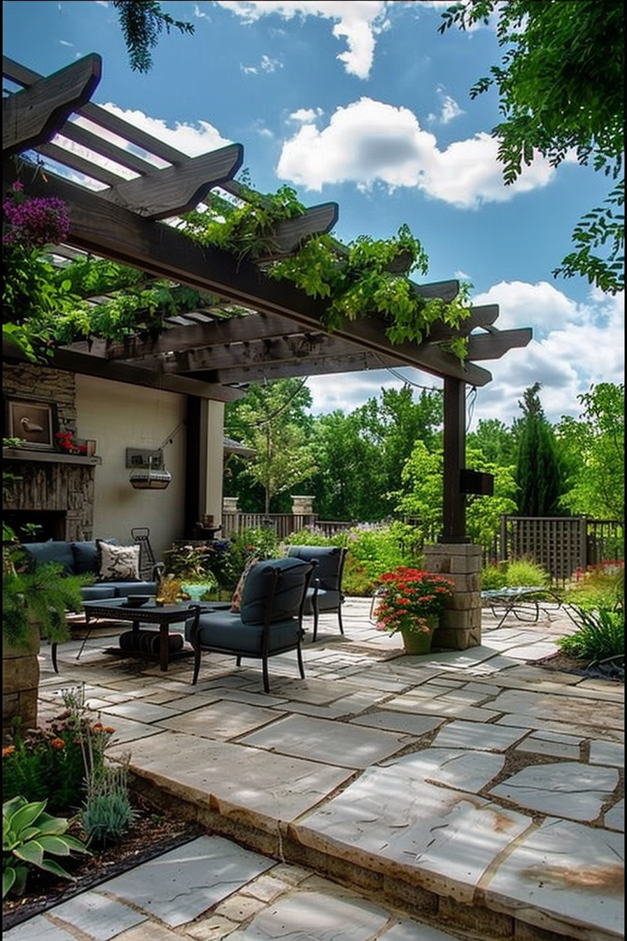 A cozy outdoor patio with a pergola, comfortable seating, and lush greenery, set against a backdrop of blue sky and clouds.
