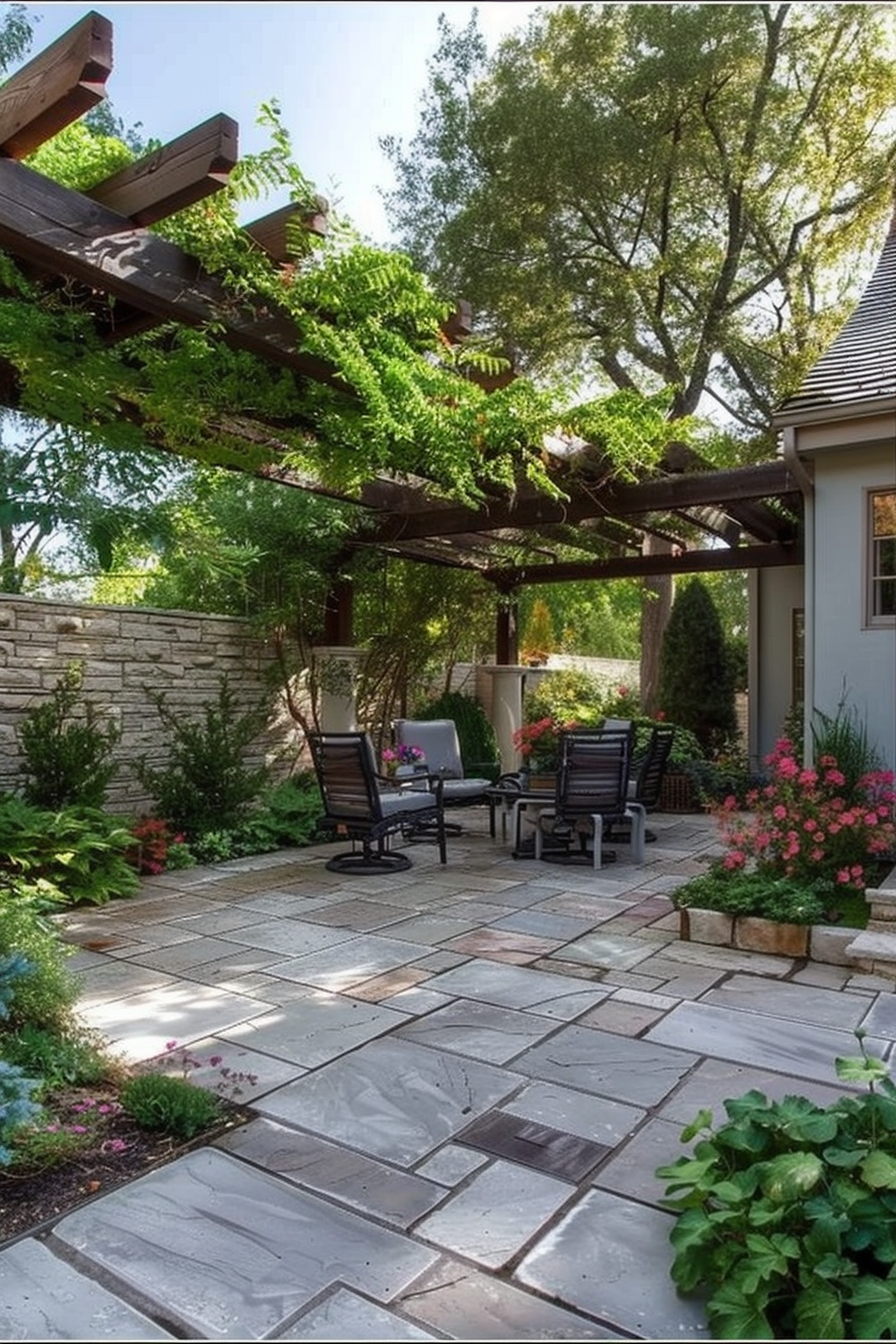 A peaceful garden patio with green foliage, flowering plants, stone paving, and a pergola with climbing plants over outdoor furniture.