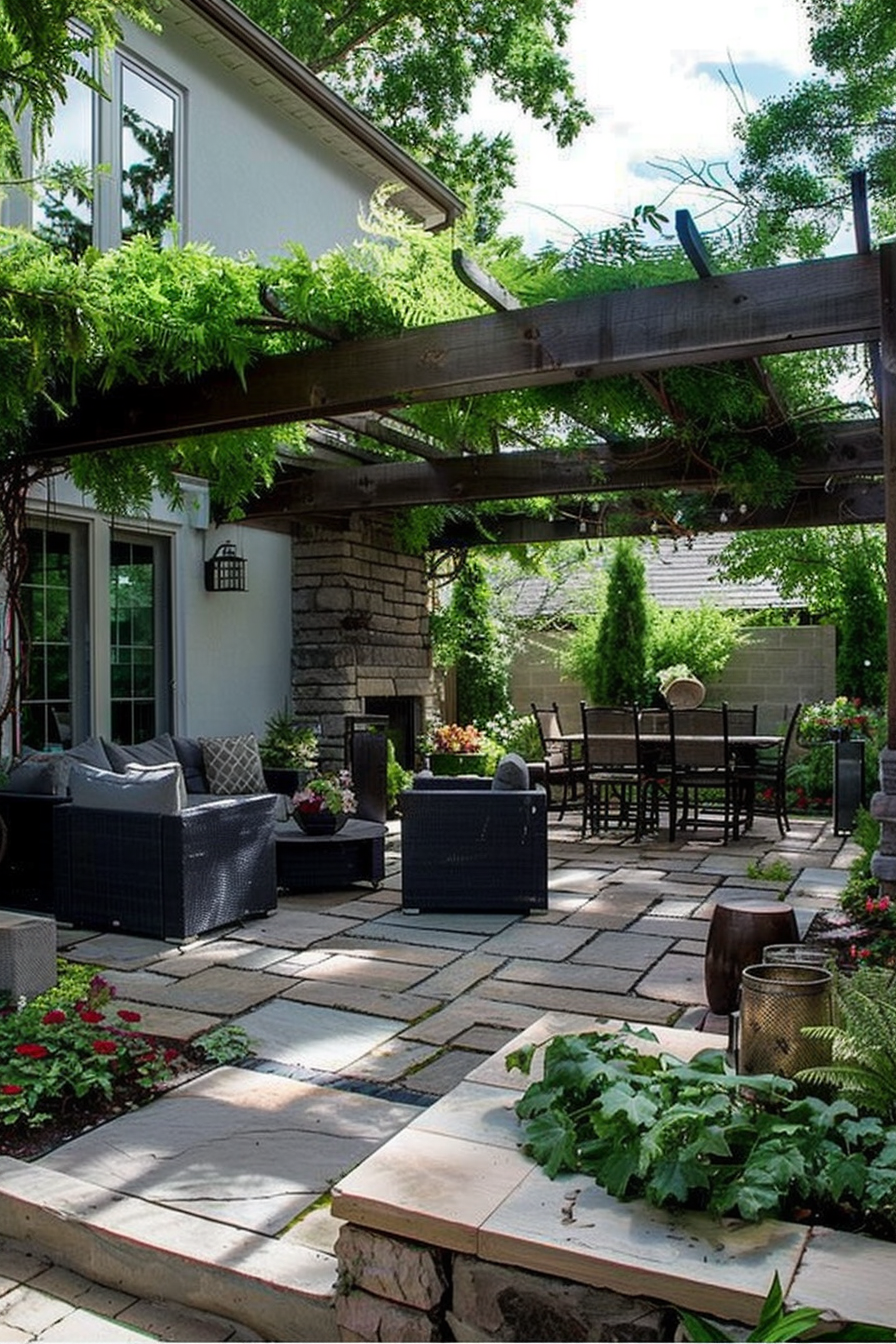 A cozy backyard patio with wicker furniture, lush greenery, and stone paving under a wooden pergola.