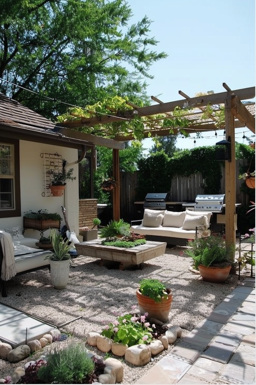 Cozy backyard with a wooden pergola, outdoor seating, potted plants, and a gravel path surrounded by greenery.