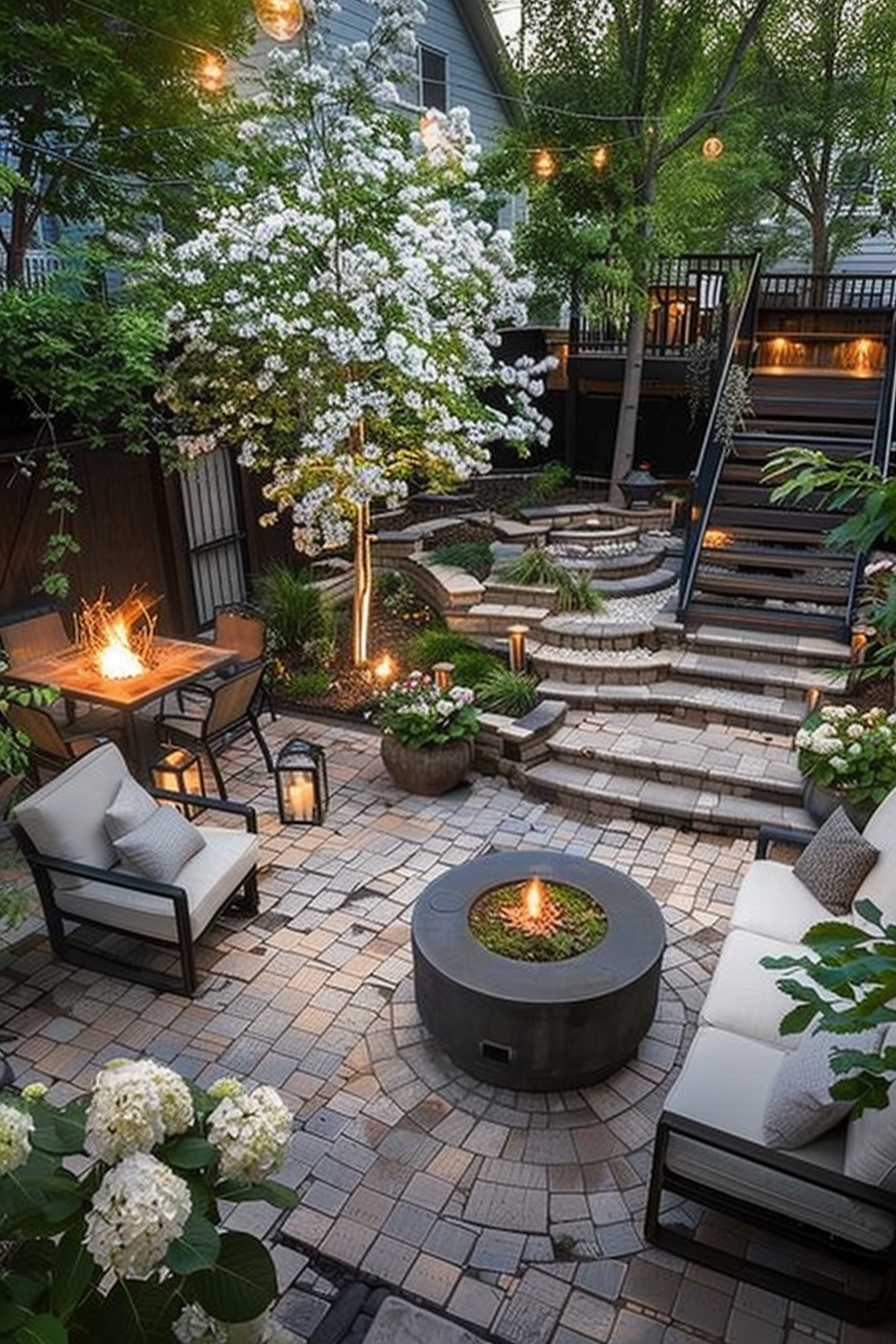 Cozy backyard patio with seating, two fire pits, string lights, flowering tree, stepped garden beds, and evening ambiance.