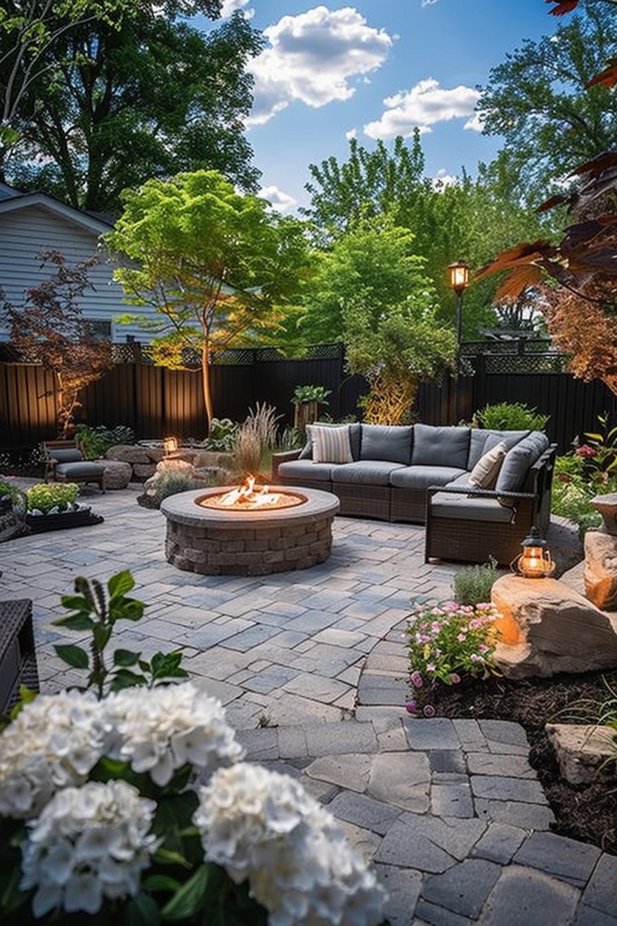 Cozy backyard patio with a fire pit, outdoor sectional sofa, blooming flowers, paver stones, and evening lighting surrounded by trees.