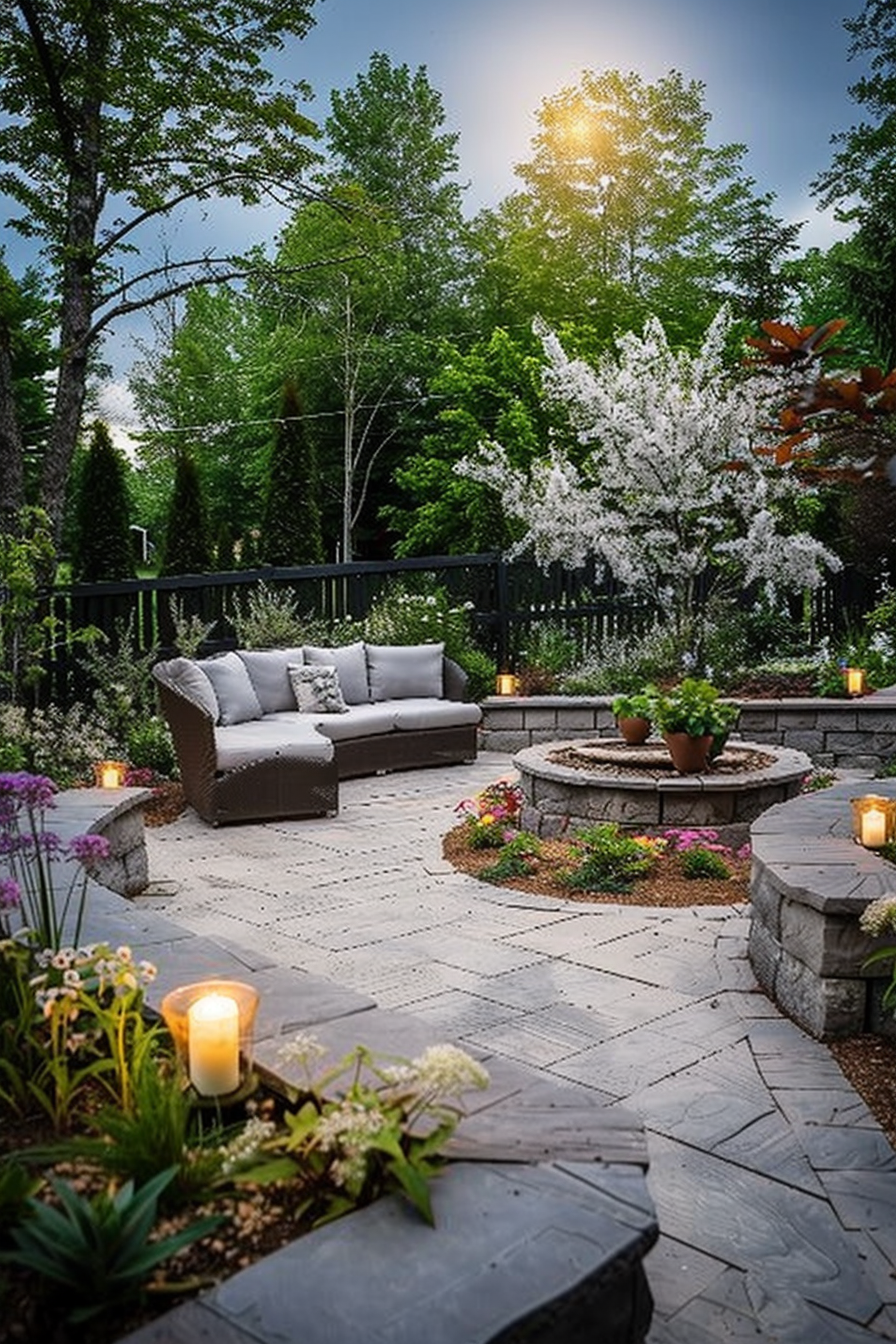 Lush garden patio with outdoor seating, stone pathways, blooming white flowers, lit candles, and sunlight filtering through trees.