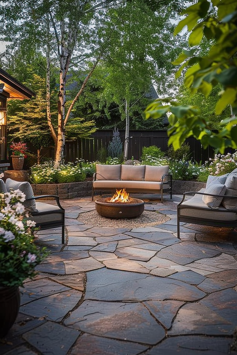 Cozy outdoor patio area with a fire pit, stone paving, comfortable seating, and surrounded by lush greenery at dusk.