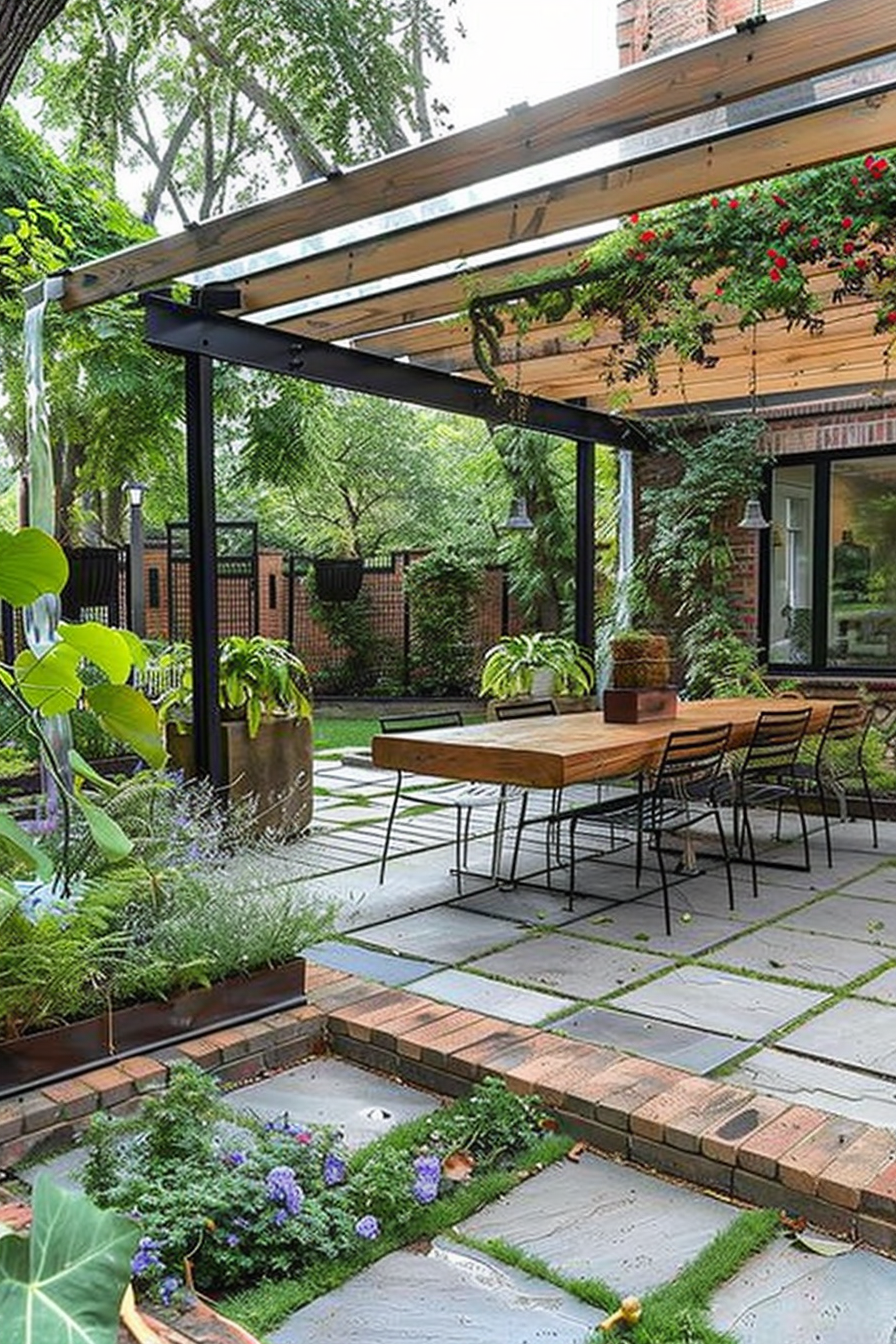 A serene outdoor patio with a wooden pergola, hanging plants, a long dining table with chairs, and lush surrounding greenery.