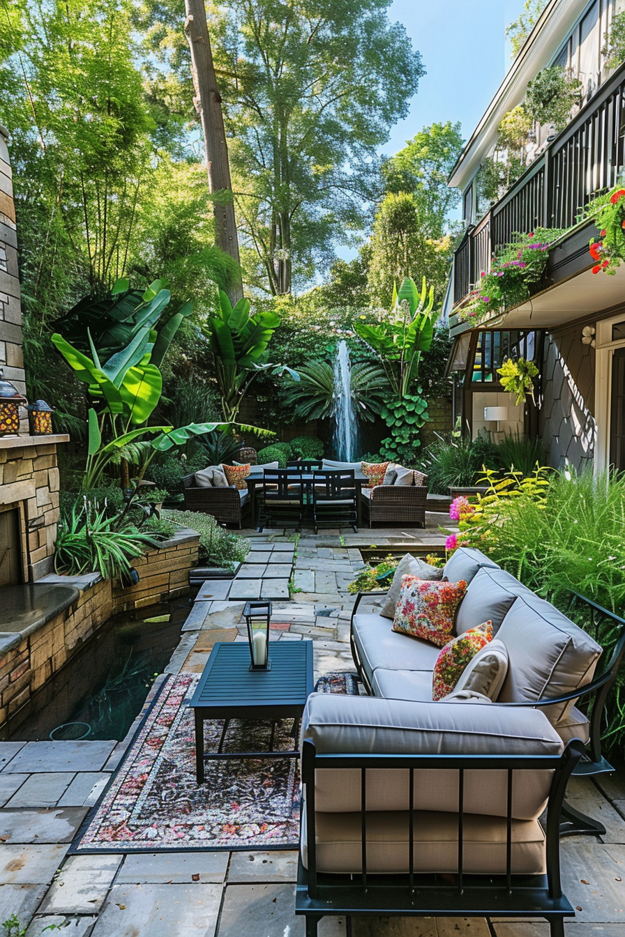 A lush garden patio with outdoor furniture, a waterfall, and surrounding greenery enhancing a tranquil setting.