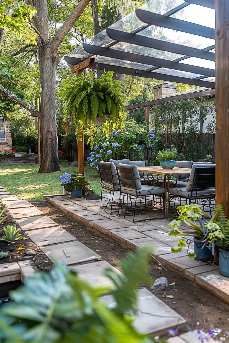 Cozy backyard patio with a pergola, hanging ferns, outdoor seating, paved walkway, and blooming hydrangeas nestled in greenery.
