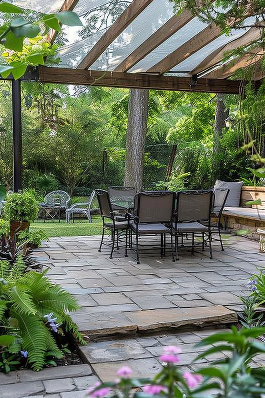 A tranquil outdoor patio area with a dining set, transparent roof, lush greenery, and slate stone flooring.