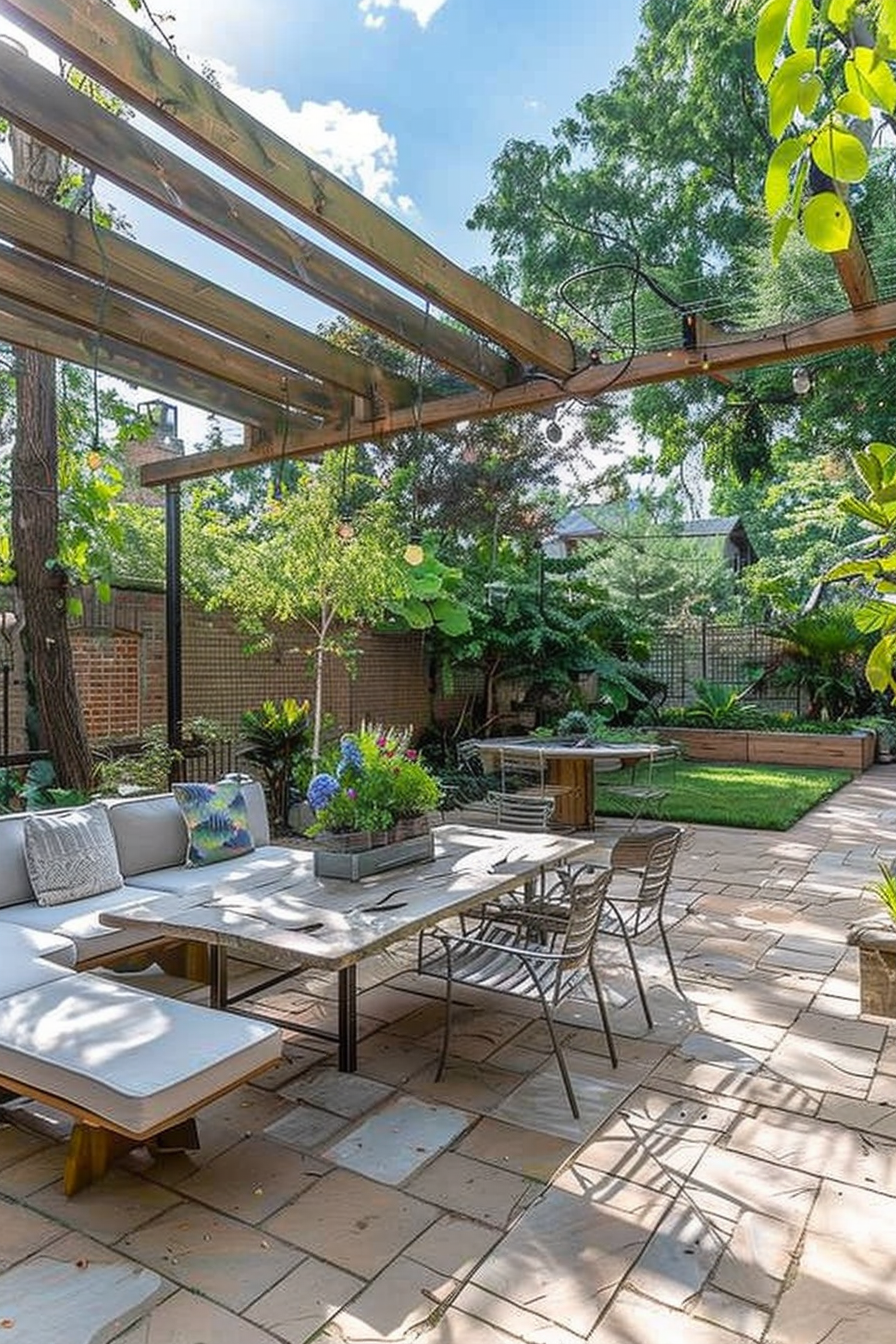 A serene backyard patio with a modern outdoor seating arrangement, lush plants, and a wood and glass pergola.