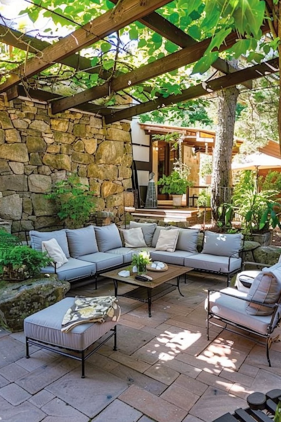 A cozy outdoor patio area with sofas, cushions, and a wooden coffee table under a pergola with greenery.