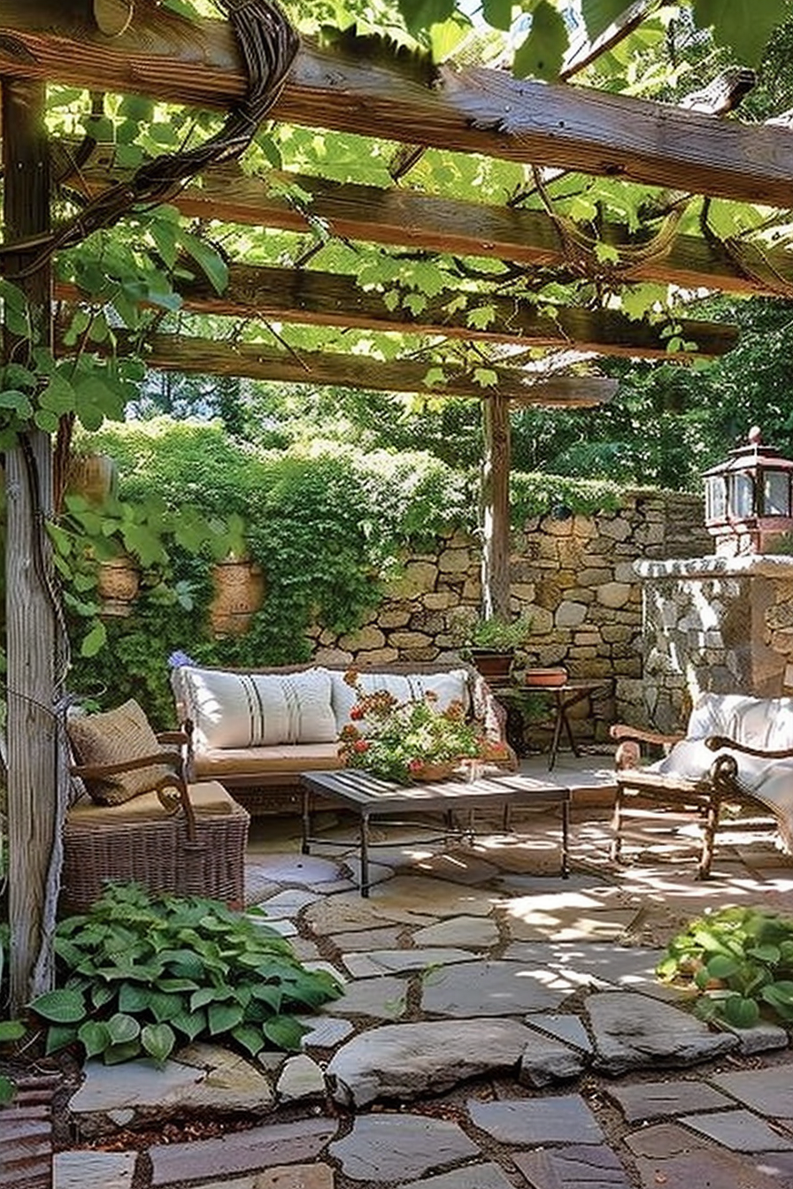 Cozy outdoor patio with stone floor, wicker furniture, cushions, and a vine-covered wooden pergola, surrounded by lush greenery and a stone wall.