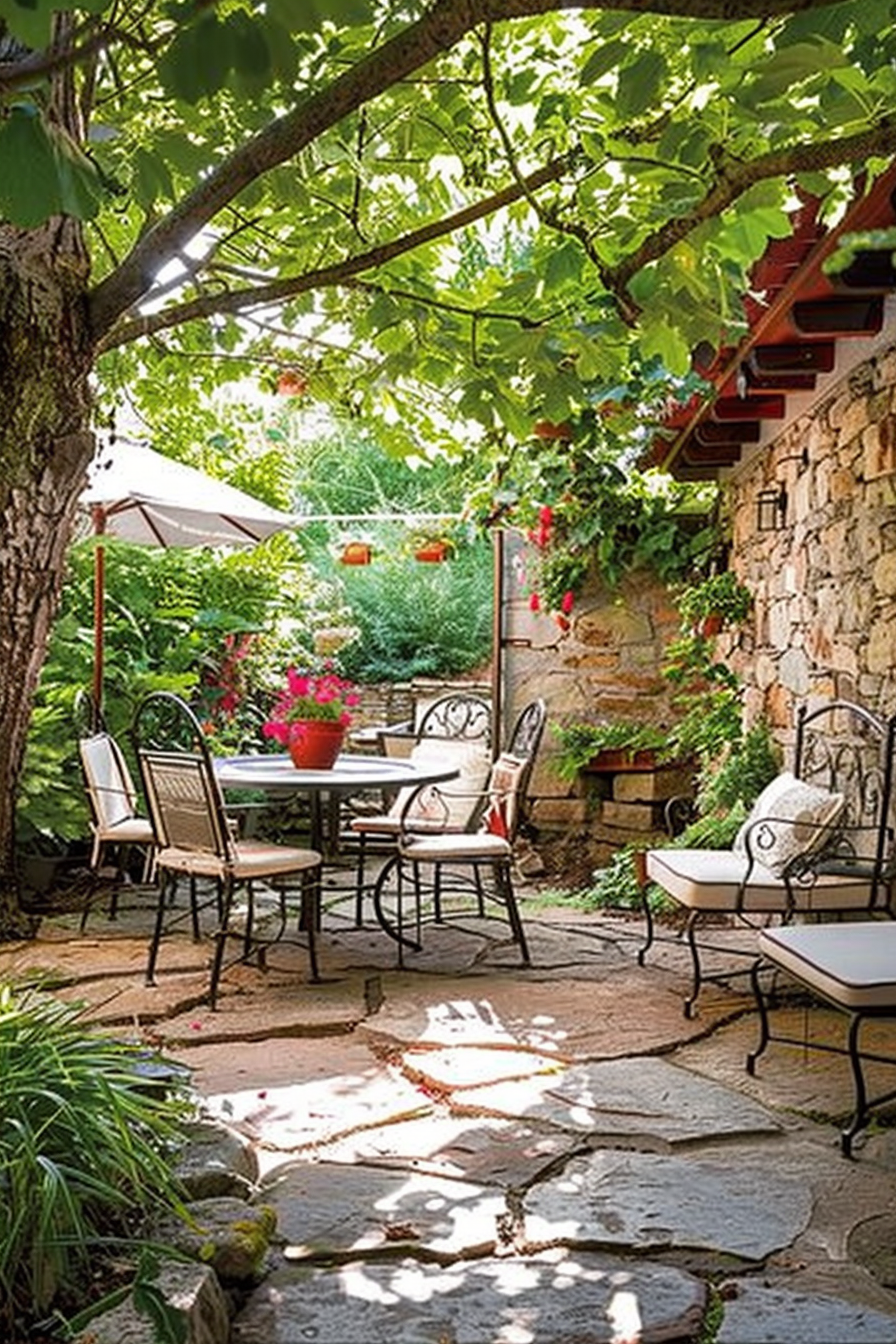 A tranquil outdoor patio with wrought-iron furniture, surrounded by lush greenery and blooming flowers under a leafy canopy.