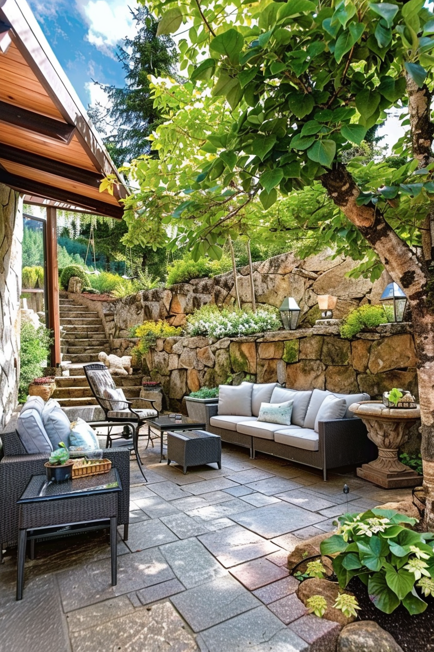 Outdoor patio area with stone paving, wicker furniture, and lush greenery under a pergola with a stone retaining wall in the background.