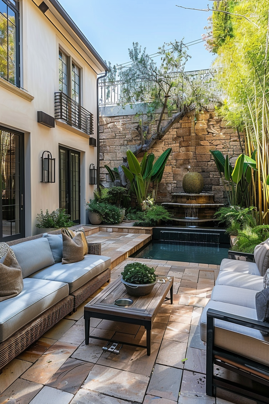 Elegant outdoor patio with seating, a small pool, and a stone waterfall surrounded by lush greenery and trees.