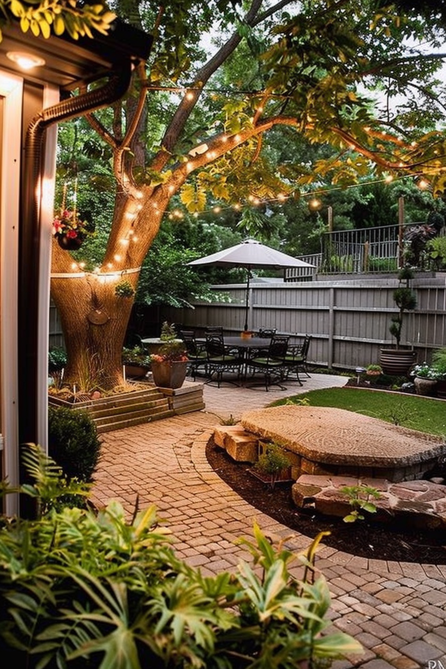 Cozy backyard with string lights wrapping around a tree, patio dining set under an umbrella, and paver pathway.