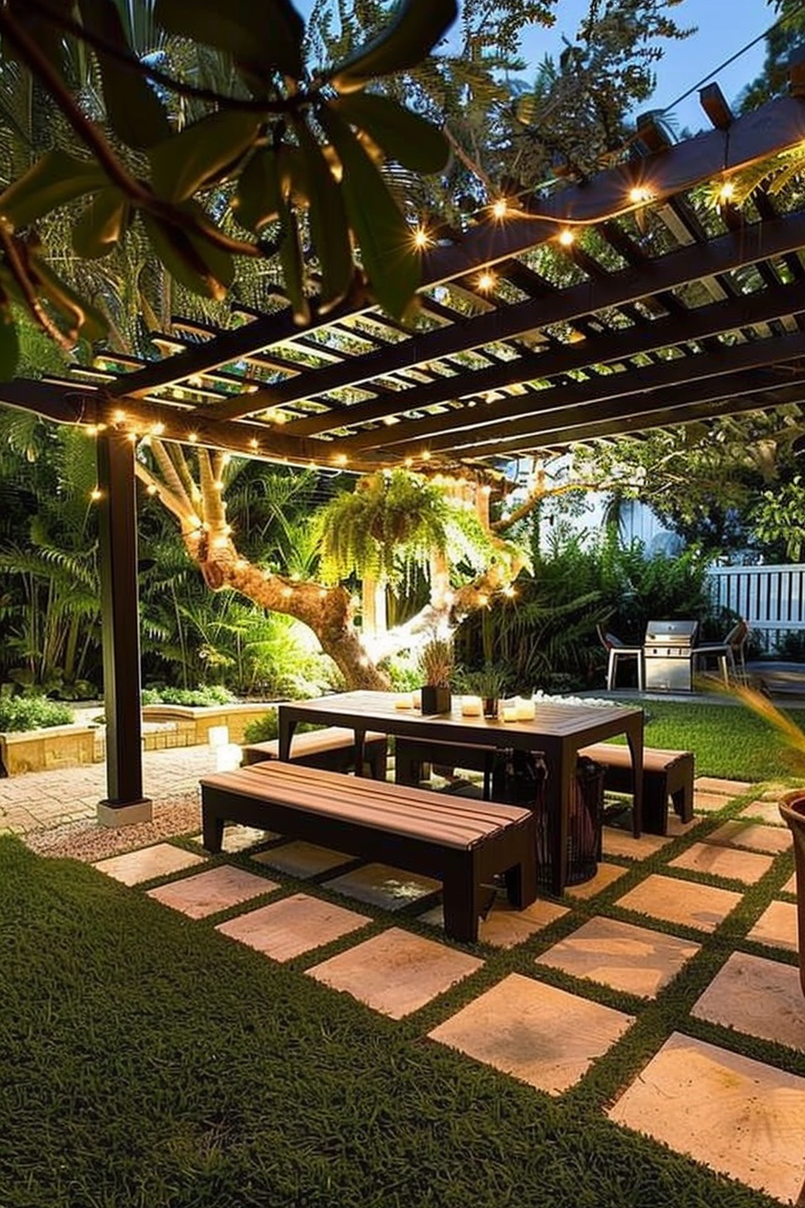 A cozy garden patio at dusk with string lights, modern furniture, and lush greenery creating a tranquil outdoor space.