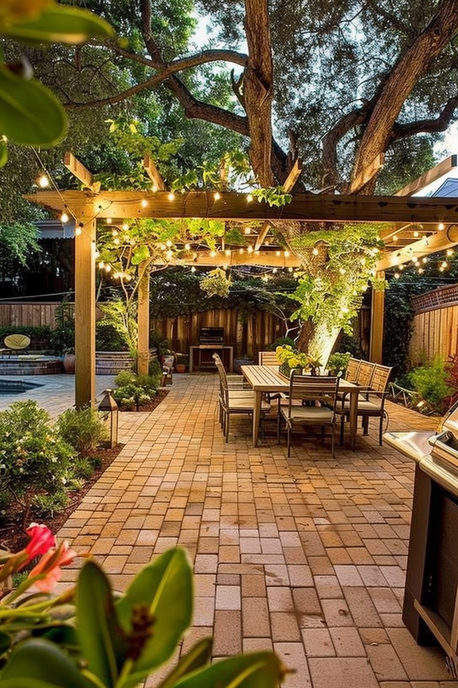 Cozy backyard patio with string lights, dining furniture, paved floor, adjacent pool, and rich foliage at twilight.