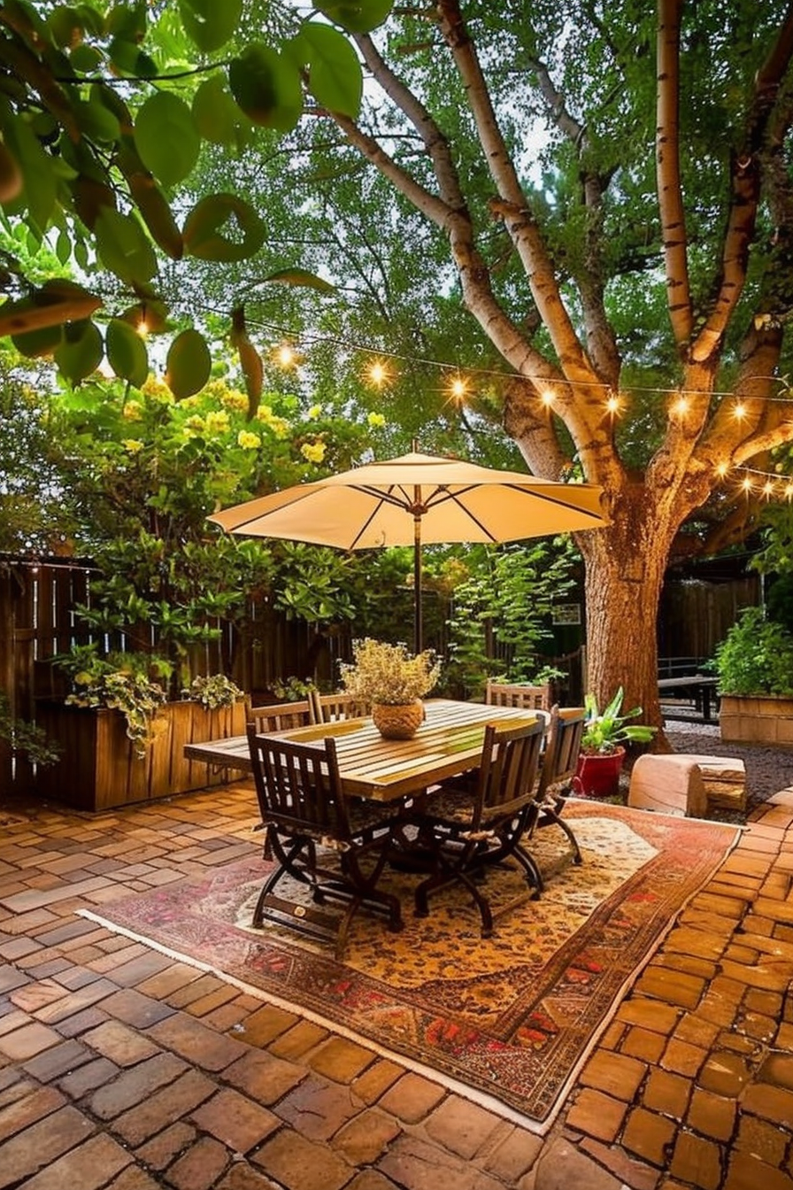 A cozy backyard garden with a wooden dining set under an umbrella, string lights, and lush greenery surrounding a brick floor.